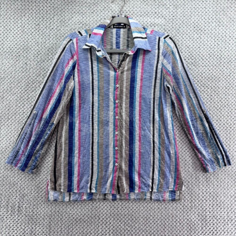 David Cline Button Front Shirt Womens XS Blue Striped Peri Snap Roll Tab